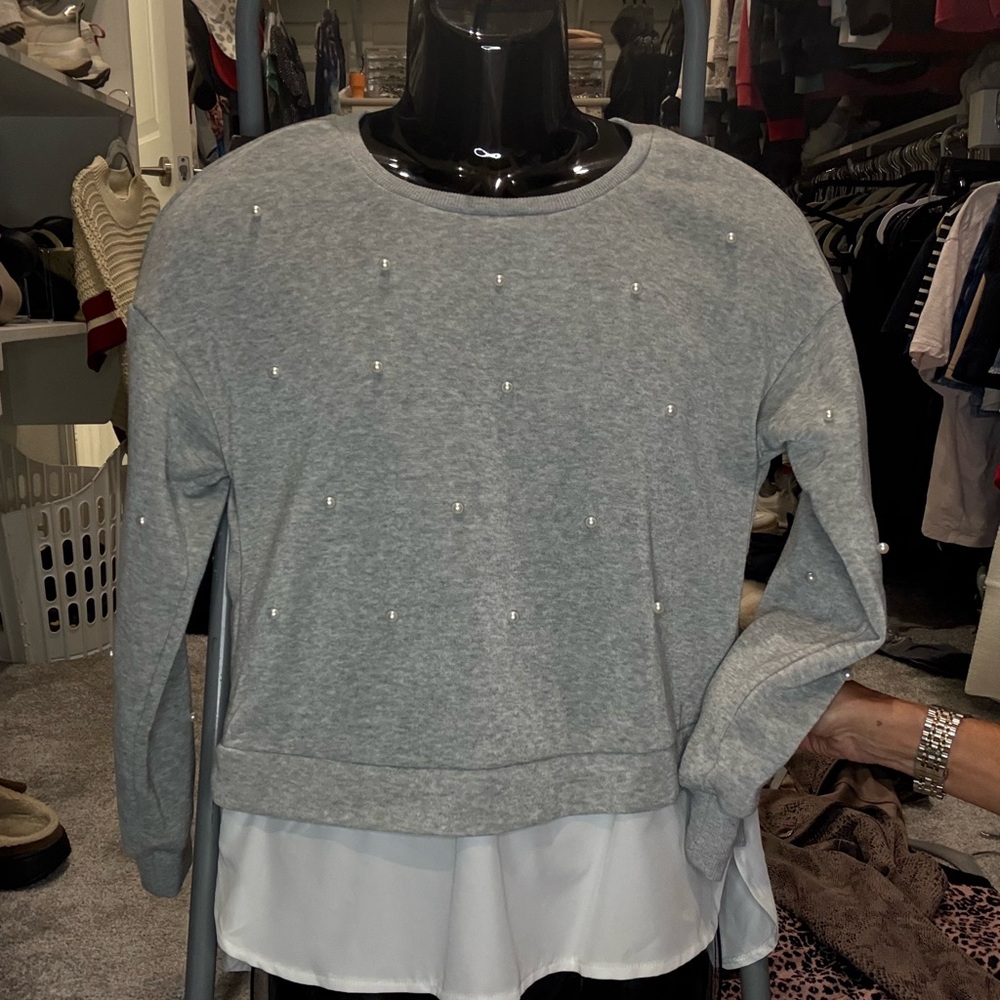 Gray Women's Top with Pearl Accents